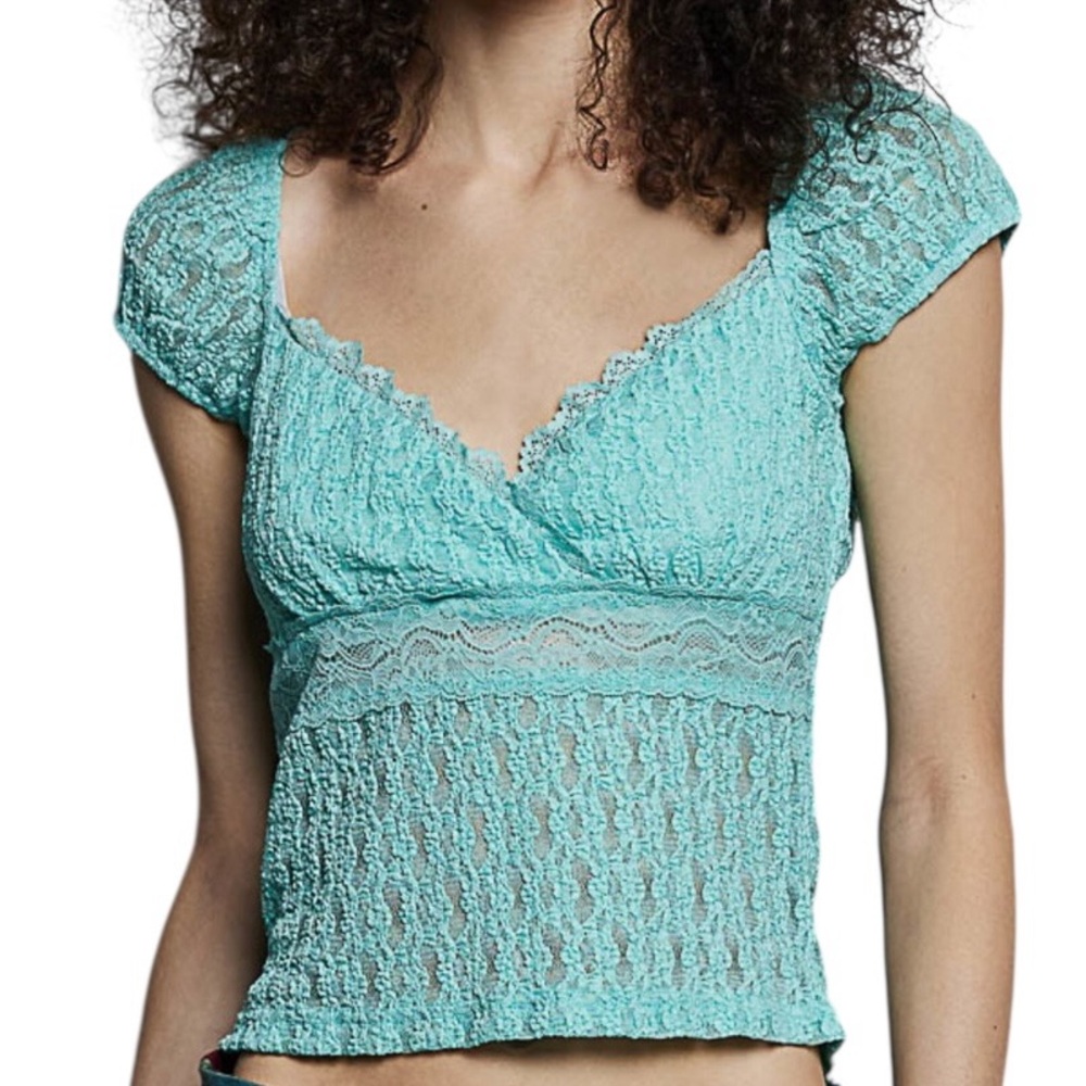 POL Aqua Stretchy Lace Cap-Sleeve Surplice V-Veck Top -NEW WO TAG